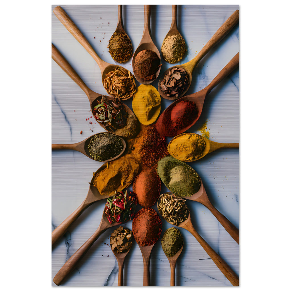 Aluminum wall art picture of 18 wooden spoons with each containing a different spice on a marble background.