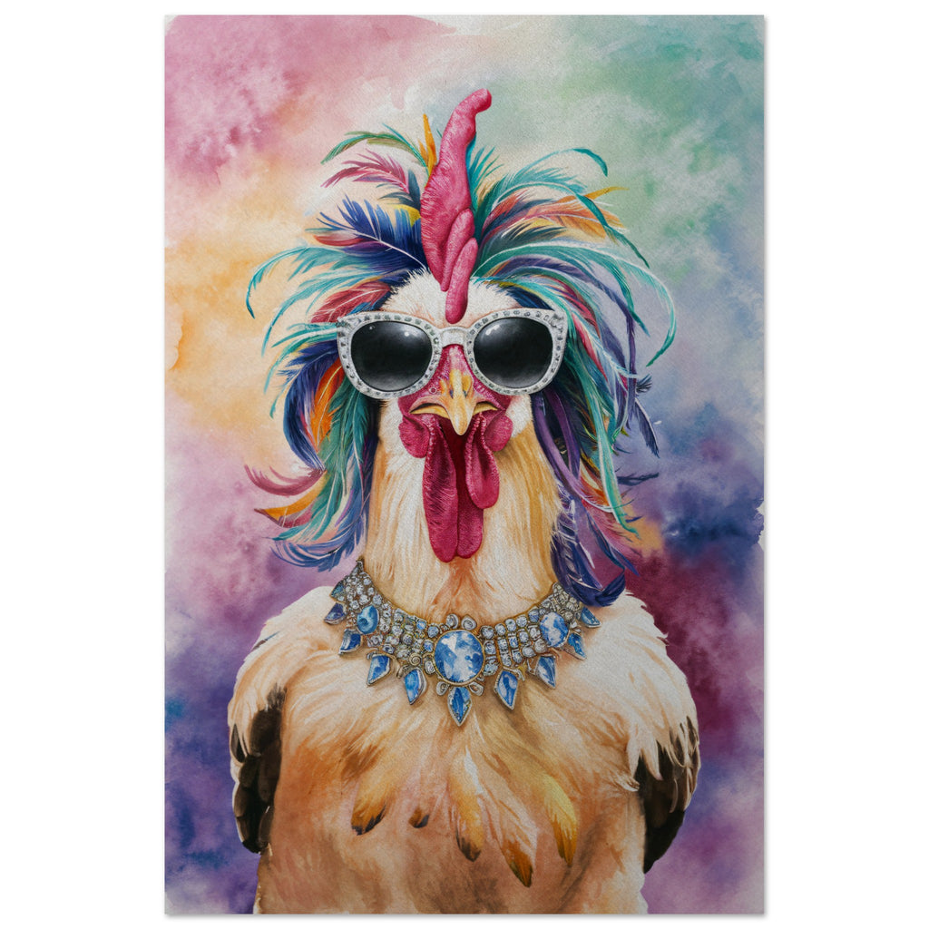 metal wall art of chicken wearing a head dress and diamond necklace