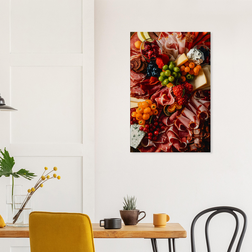 Image of charcuterie board full of meats, cheeses, and assorted snacks on wall above kitchen table
