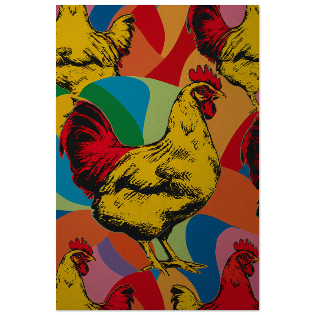 View of a andy warhol inspired print on aluminum of a chicken