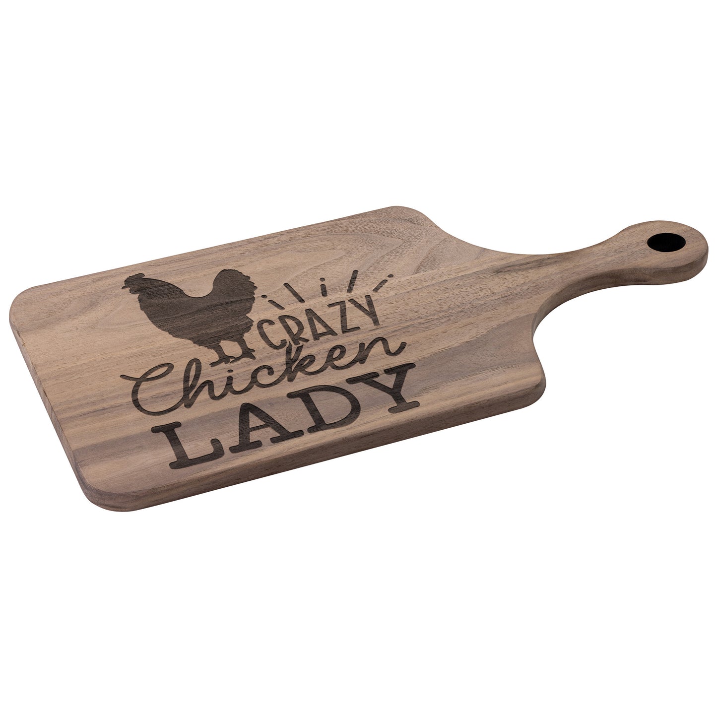 walnut cutting board with the words "crazy chicken lady" engraved on a white background