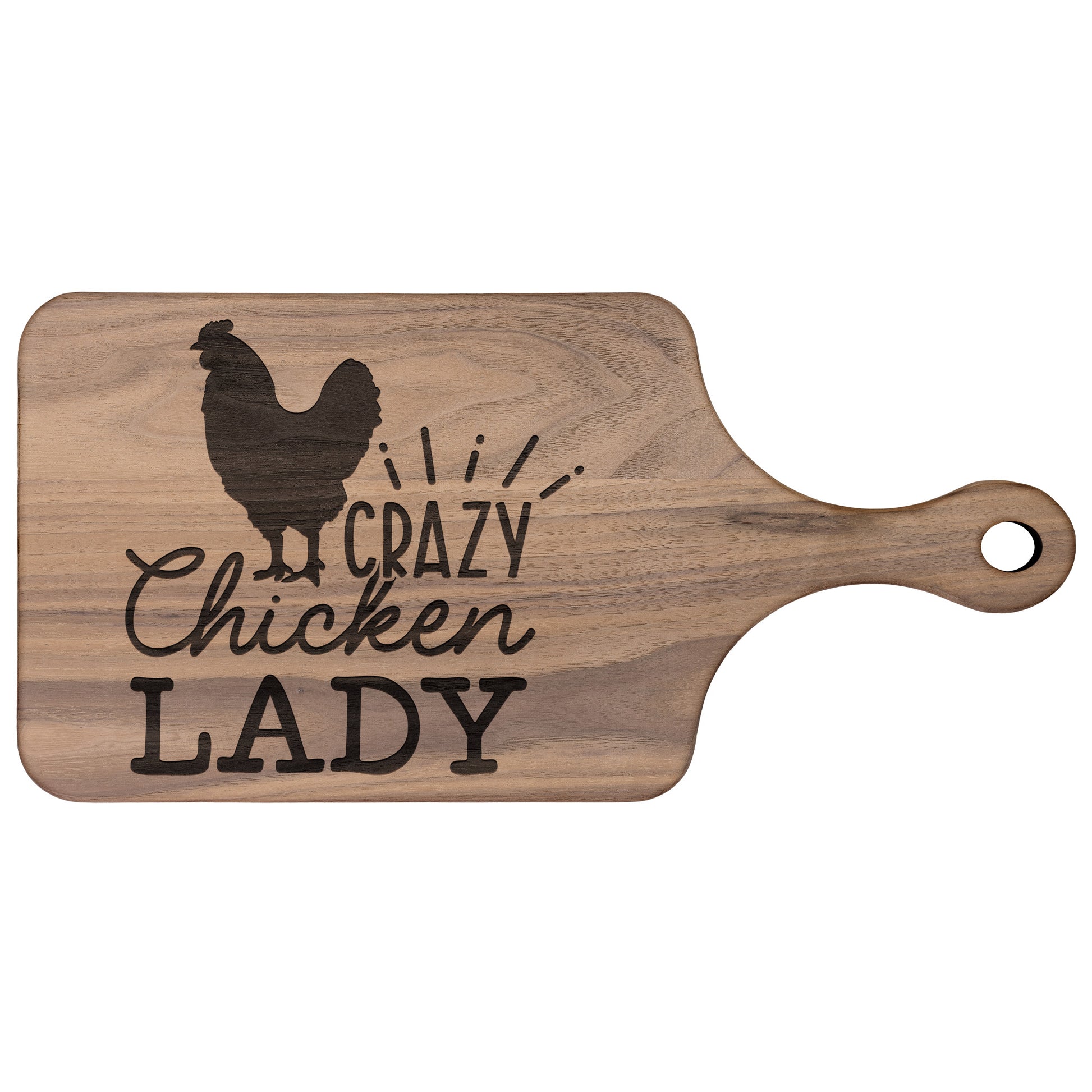 walnut cutting board with the words "crazy chicken lady" engraved on a white background