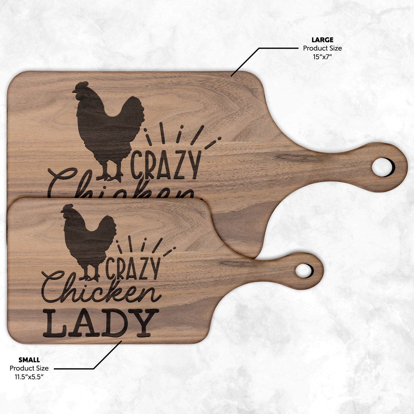 two sizes of walnut cutting board with the words "crazy chicken lady" engraved on a white background