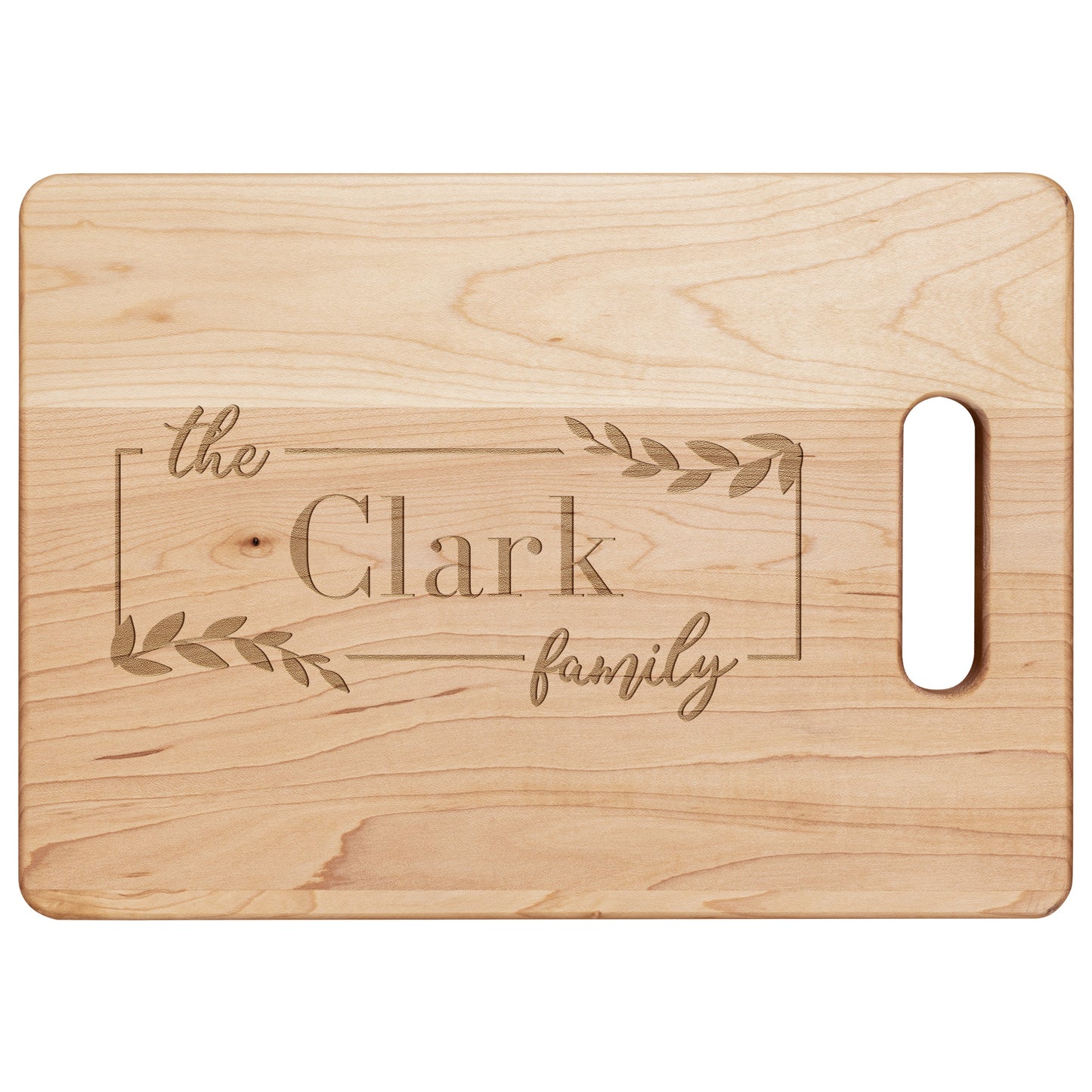 view of personalized maple cutting board on a white background