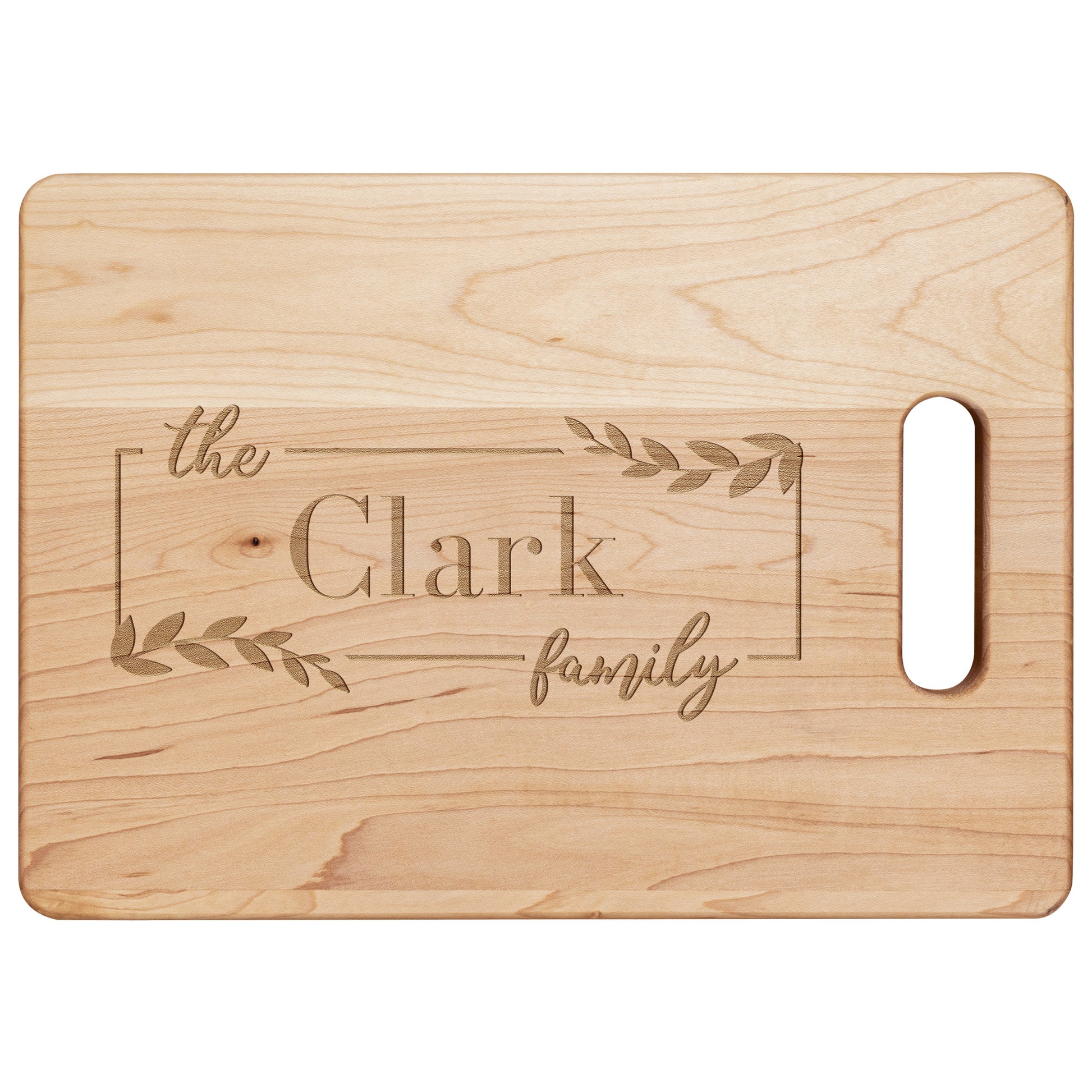 view of personalized maple cutting board on a white background