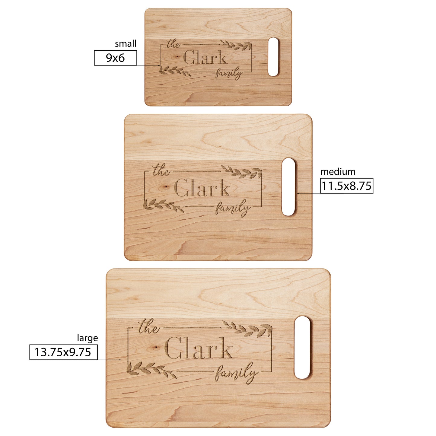 view of three different sized personalized maple cutting boards