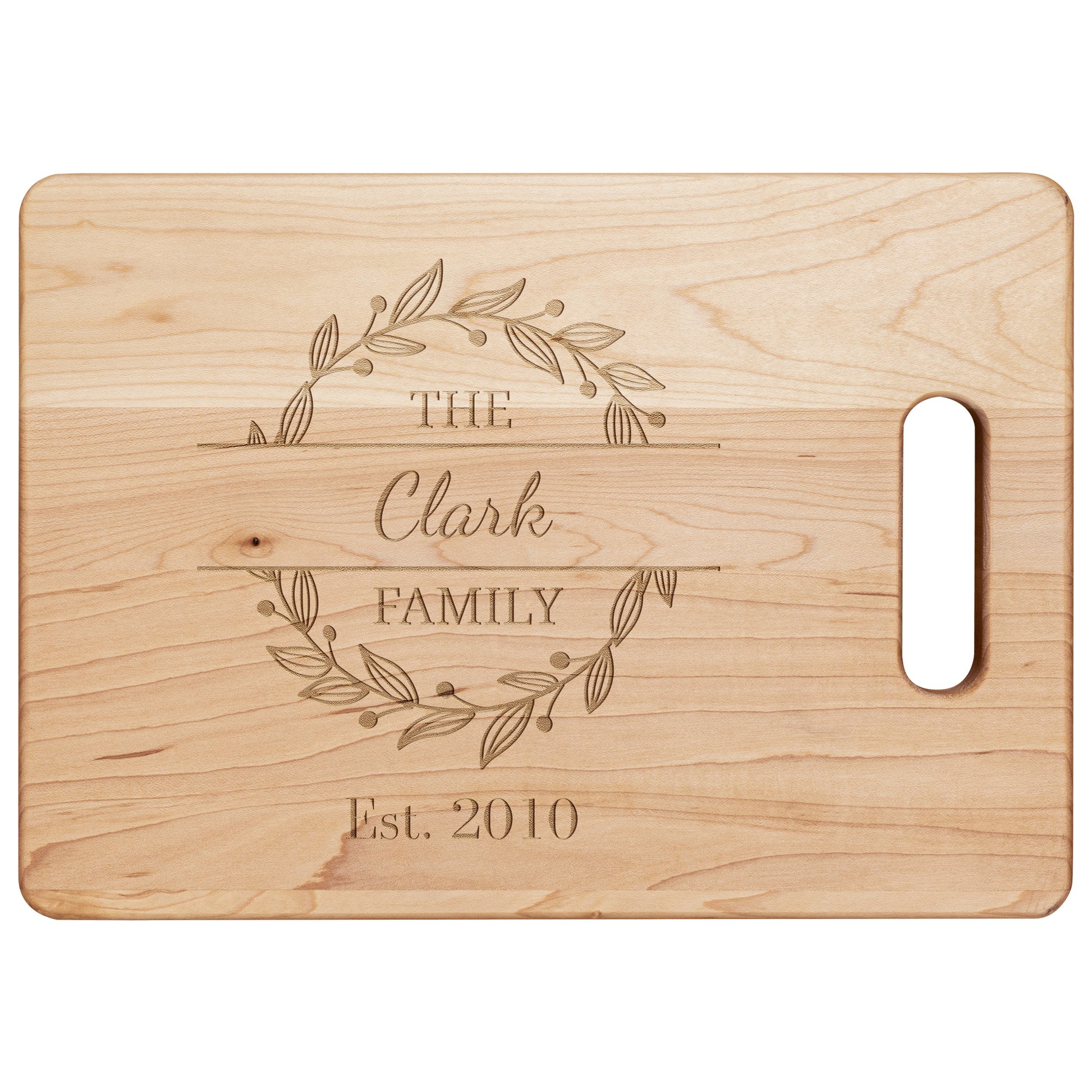 image of personalized maple cutting board on a white background