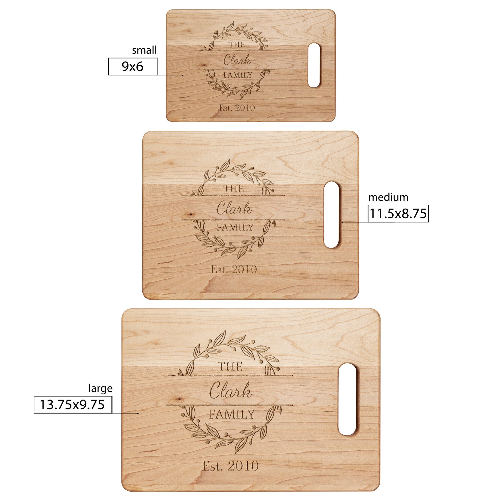 viewe of three different sized personalized maple cutting boards
