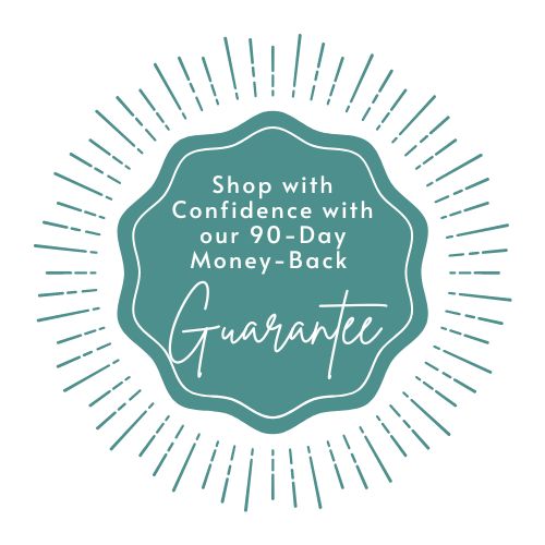 image of a teal green sign that reads "shop with confidence with our 90-day money-back guarantee