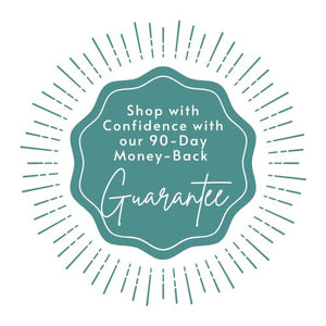 image of a teal green sign that reads "shop with confidence with our 90-day money-back guarantee