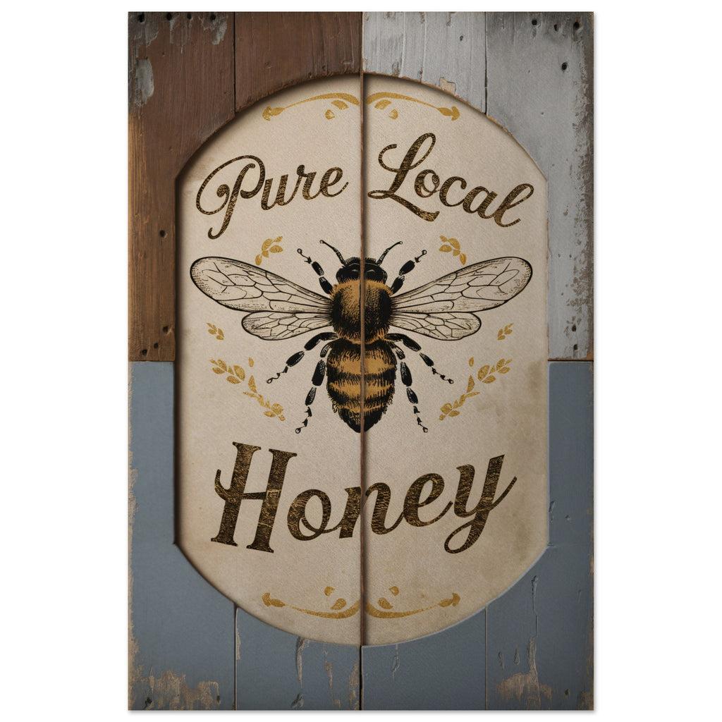 view of aluminum print rustic looking multicolor sign.  The sign has honey bee in the middle with the words "pure local honey" 