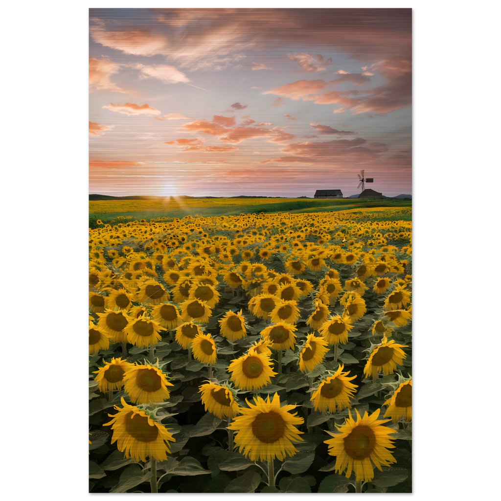 Brushed aluminum image of a field of sunflowers at sunrise