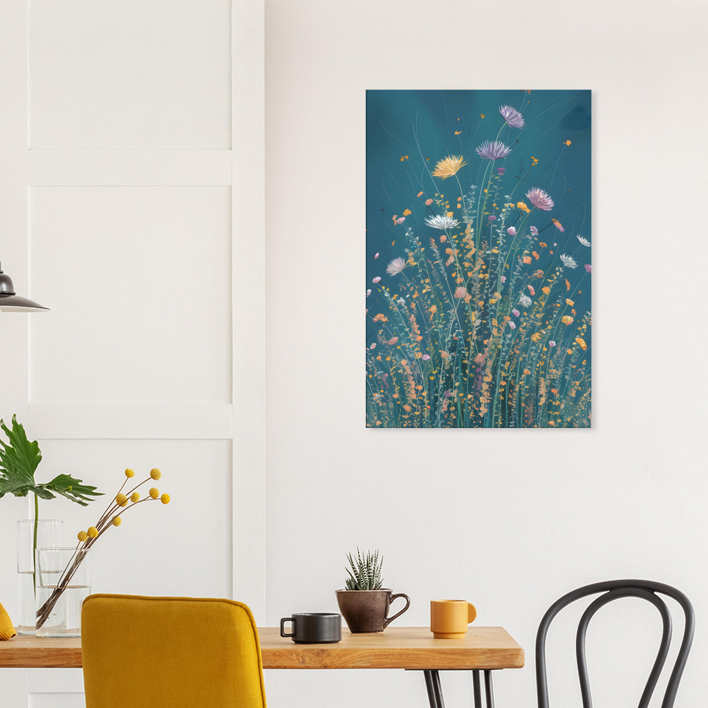 view of wildflower canvas wall art on white wall above kitchen table