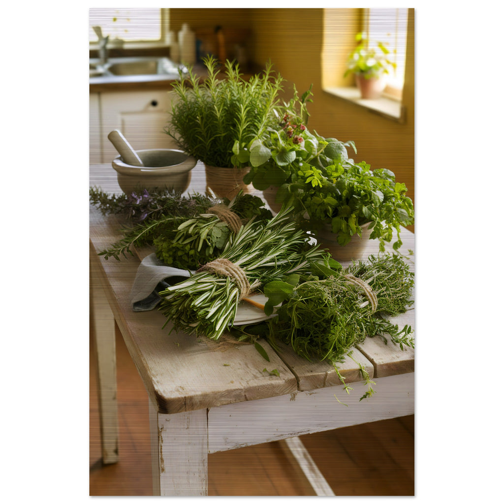 Brushed aluminum print of green herbs on a white farmhouse table in a rustic kitchen.