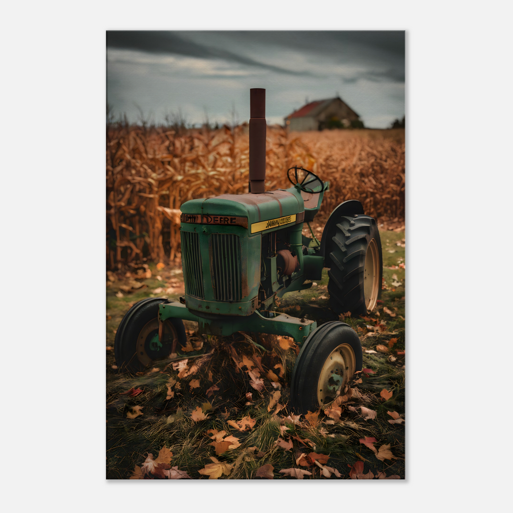 Picture of green antique tractor in cornfield