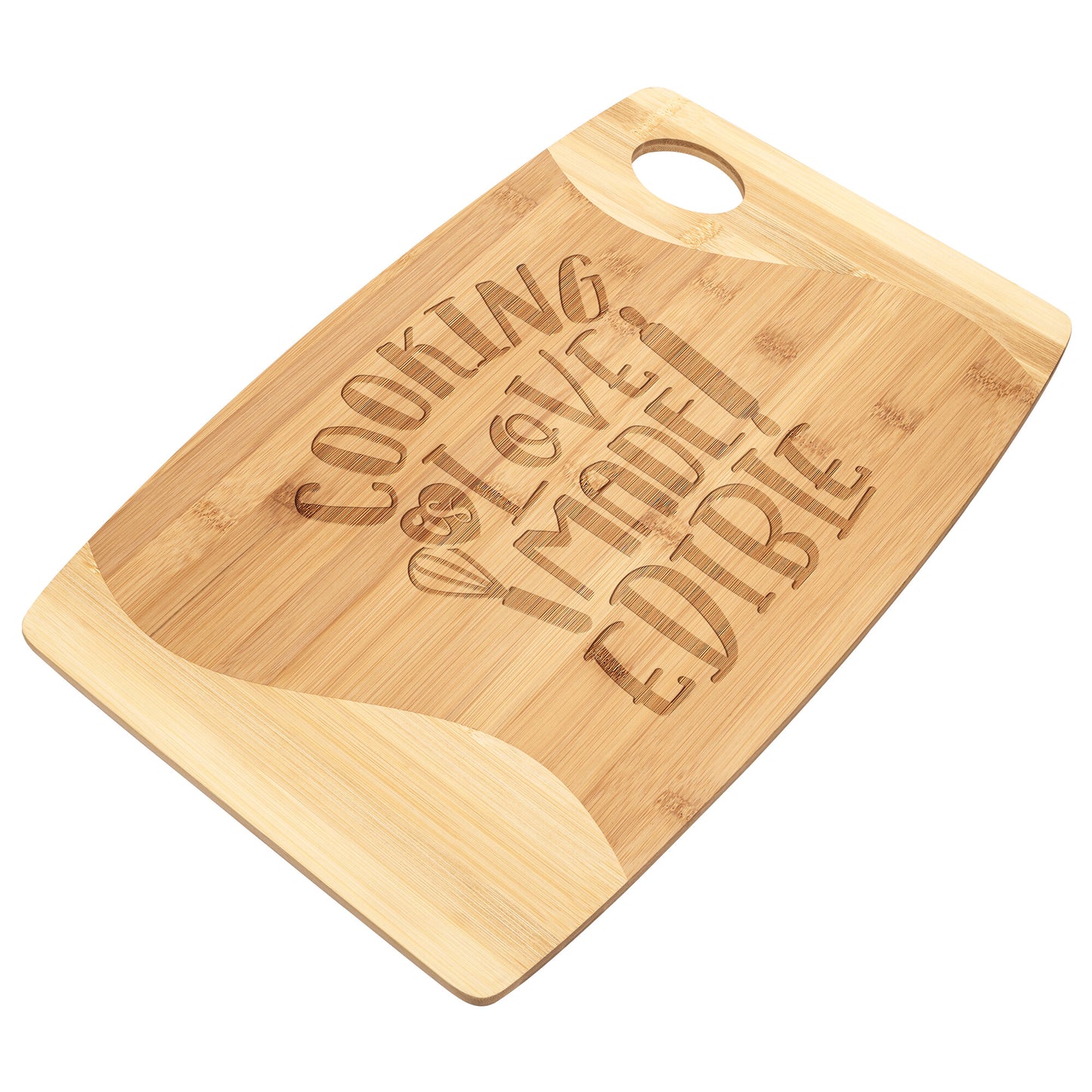 Bamboo cutting boards with words "Cooking is Love Made Edible" on a white background