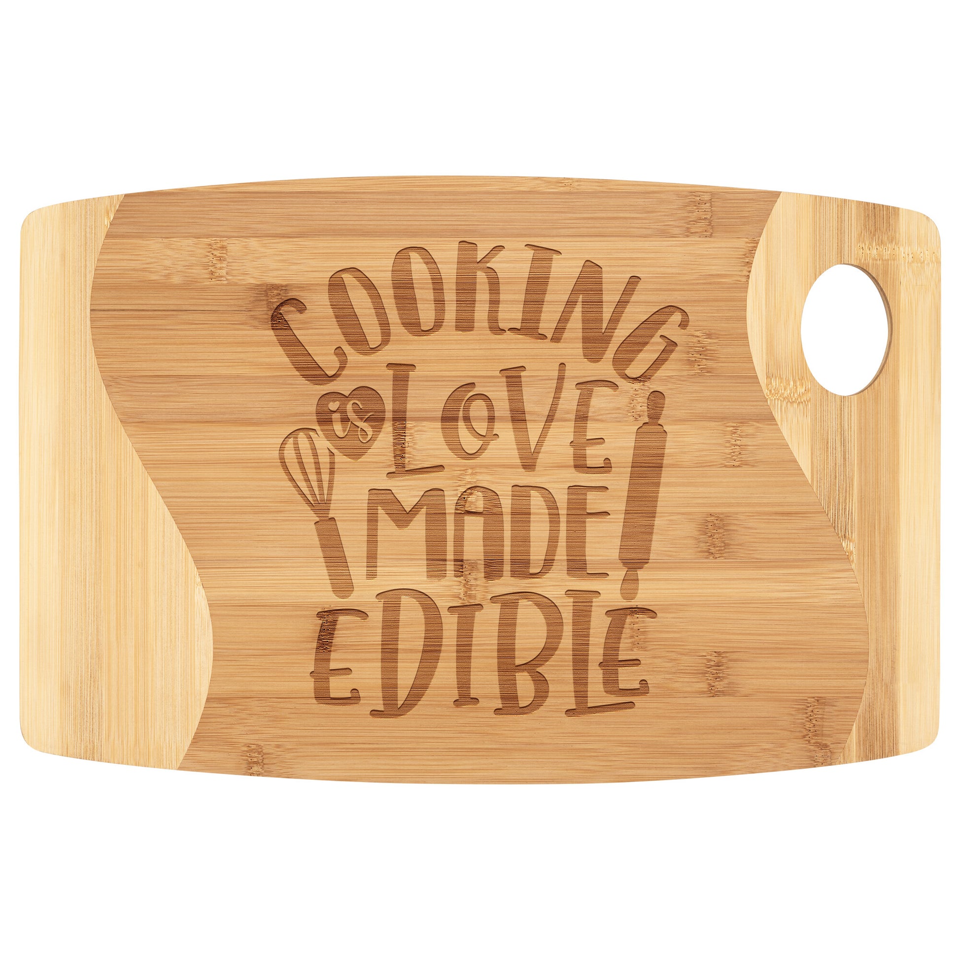 Bamboo cutting boards with words "Cooking is Love Made Edible" on a white background