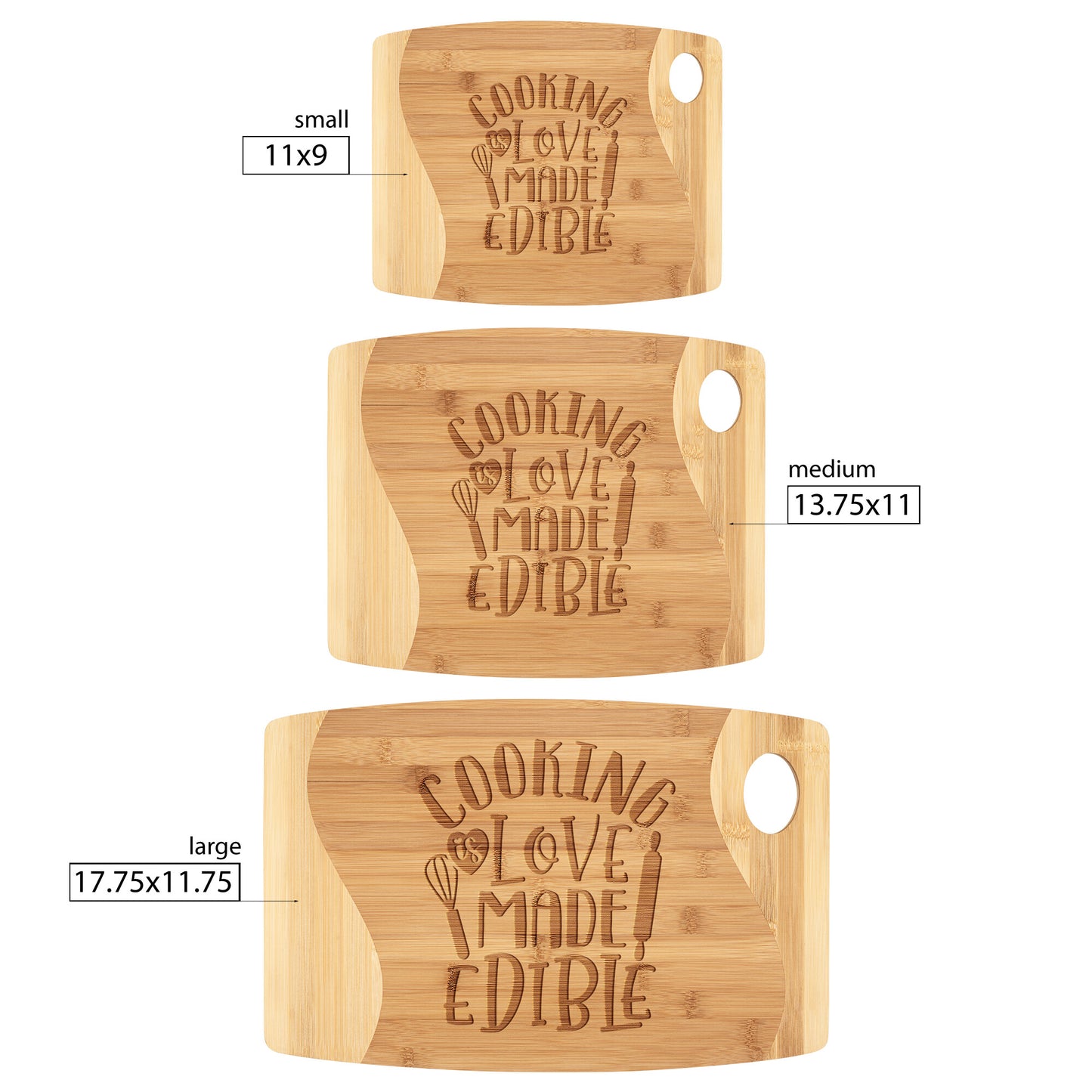 three sizes of bamboo cutting boards with words "Cooking is Love Made Edible" on a white background