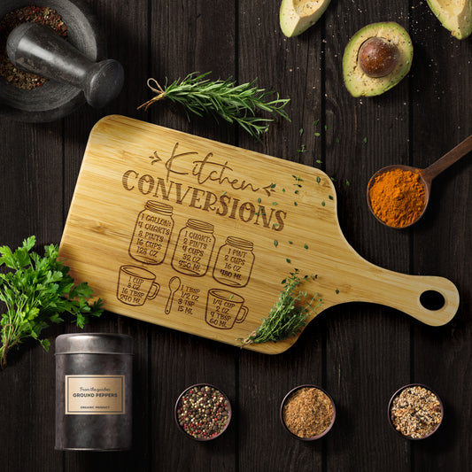Cutting Board with Handle on table with herbs and spices