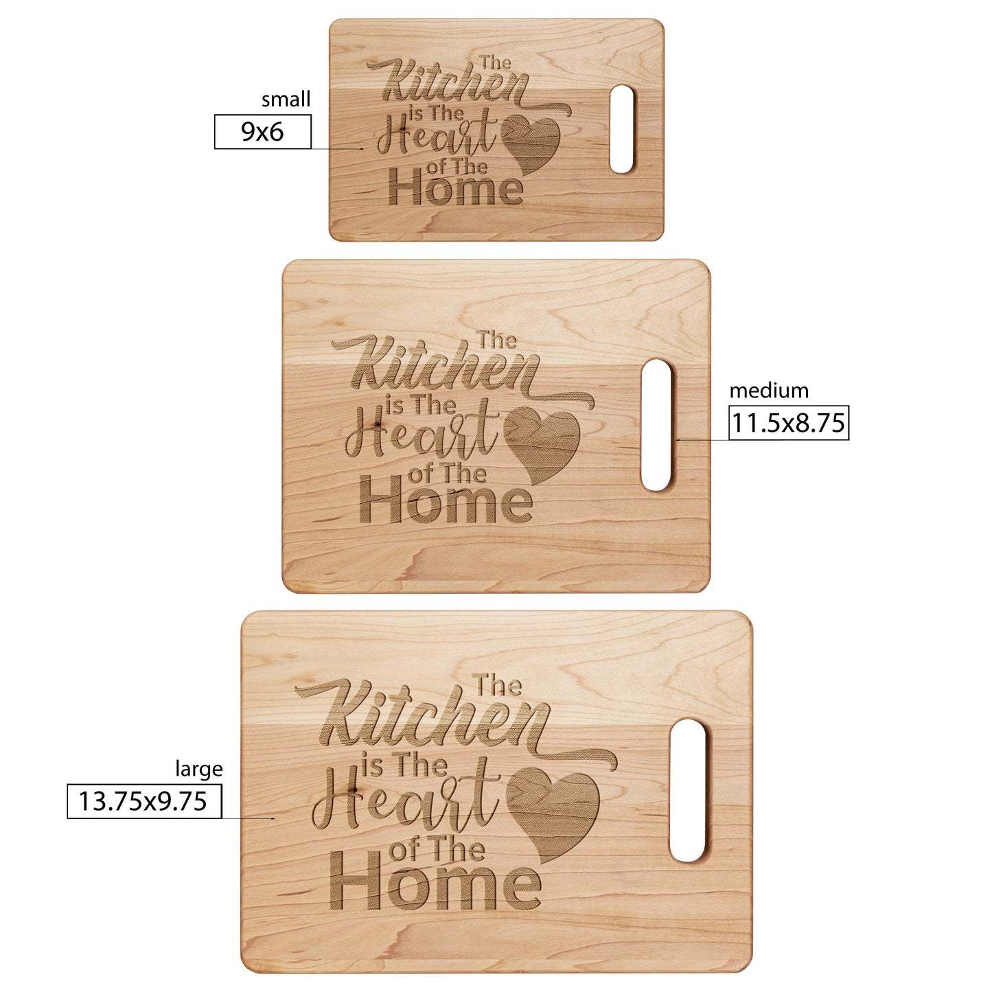 view of three different sized maple cutting board with the words "The Kitchen is the Heart of the Home" on a white background